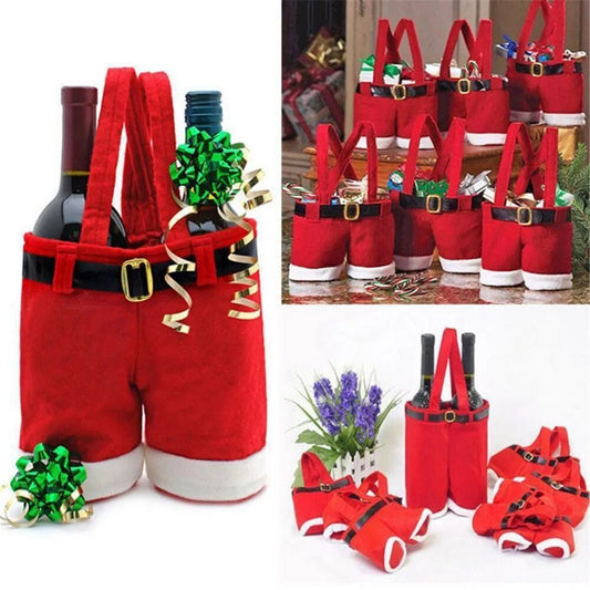 Christmas Gift Treat Candy Wine Bottle Holder Santa Claus Suspender Pants Trousers Décor Christmas Gift Bags Cute