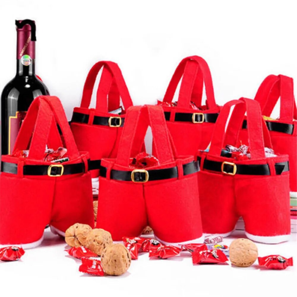 Christmas Gift Treat Candy Wine Bottle Holder Santa Claus Suspender Pants Trousers Décor Christmas Gift Bags Cute